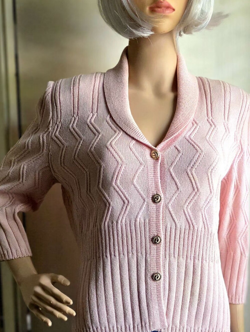 St. John Collection Pale Pink Button-Front Knit Cardigan